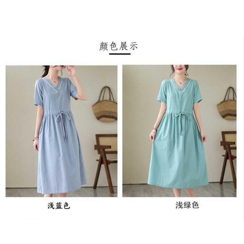 V-neck Mid-length Dress Summer New Retro Literary Large Swing A-line Skirt
