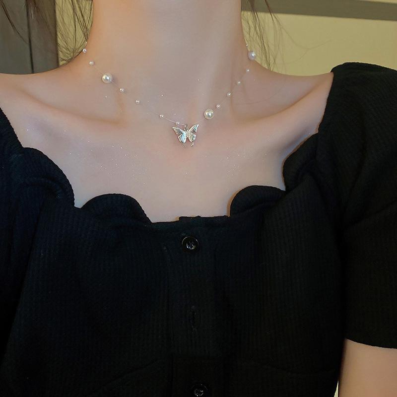 Butterfly Drop Oil Pearl Faux Crystal Necklace Versatile High-end Clavicle Chain Niche Design Jewelry Women