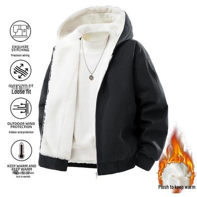 Men's XL Hooded Plus-Size Mountain Jacket – Autumn/Winter, Velvet-Lined, Cotton, Thick and Warm
