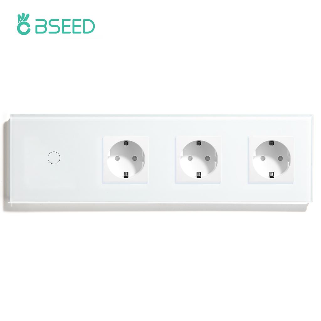 BSEED 1/2/3Gang Touch Switch 1Way Plus Triple Wall Sockets EU Standard Blue Backlight Glass Panel 299mm