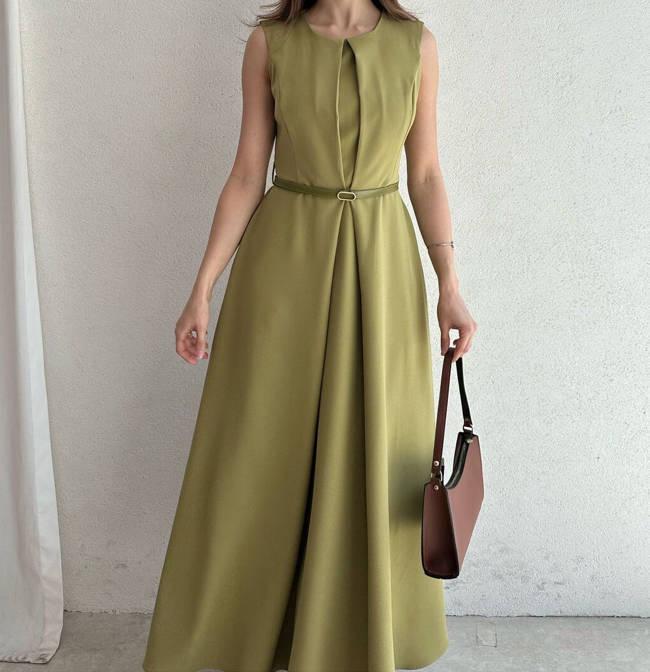 Robe sans manches pour femme, couleur unie, col rond, avec poches - Collection Été 2025