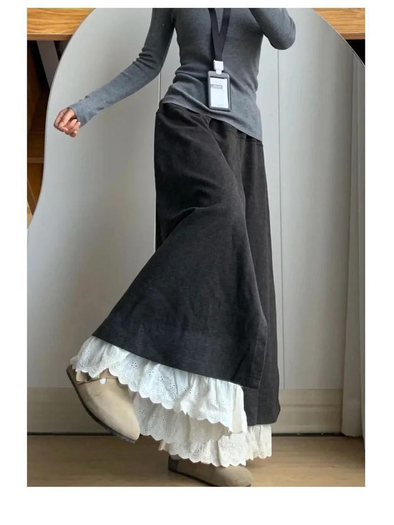 Patchwork Lace Trim High-Waisted Woolen Wide-Leg Pants for Women - Autumn/Winter Plus Velvet Casual Loose Fit.