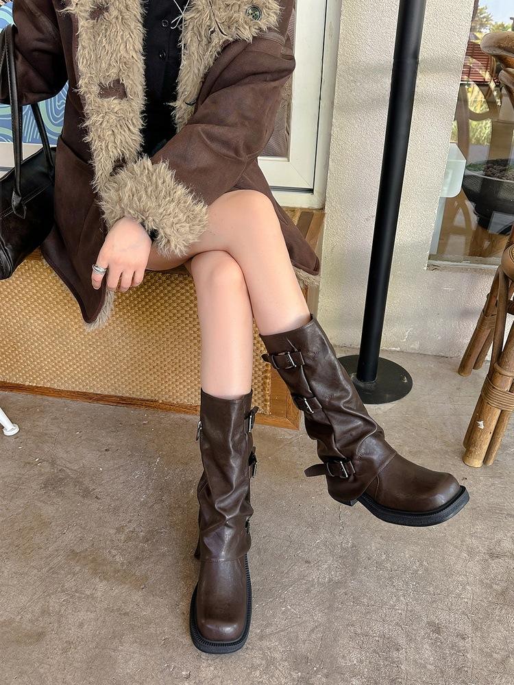 2025 New Maillard Mid-tube Martin Boots Women's Retro British Inner Height-increasing Thick Heel Pleated Stacked Pants Tube Short Boots