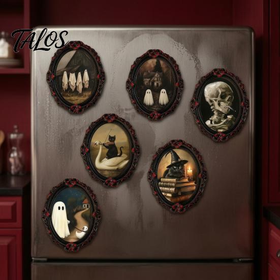 Gothic Refrigerator Magnets Halloween Wooden Magnet, Vintage Fridge Magnets, Oval Frame Decorative Unique Home Ornaments Skeleton/Black Cat/Ghost