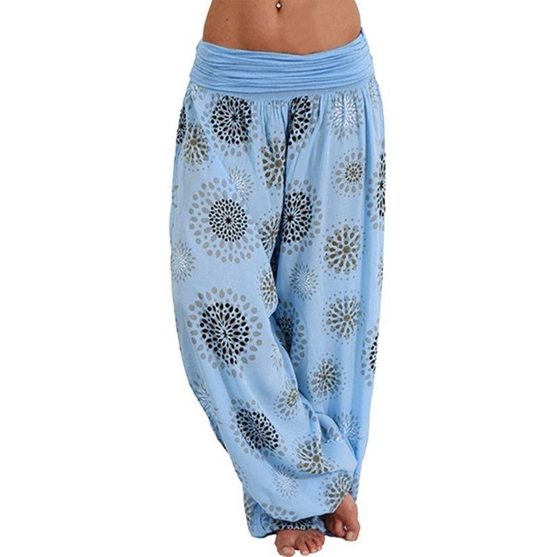 Women's Boho Mandala Print Harem Pants High Waist Fold Over Waistband Loose Wide Leg Long Casual Beach Trousers Summer Holiday Lounge Pants