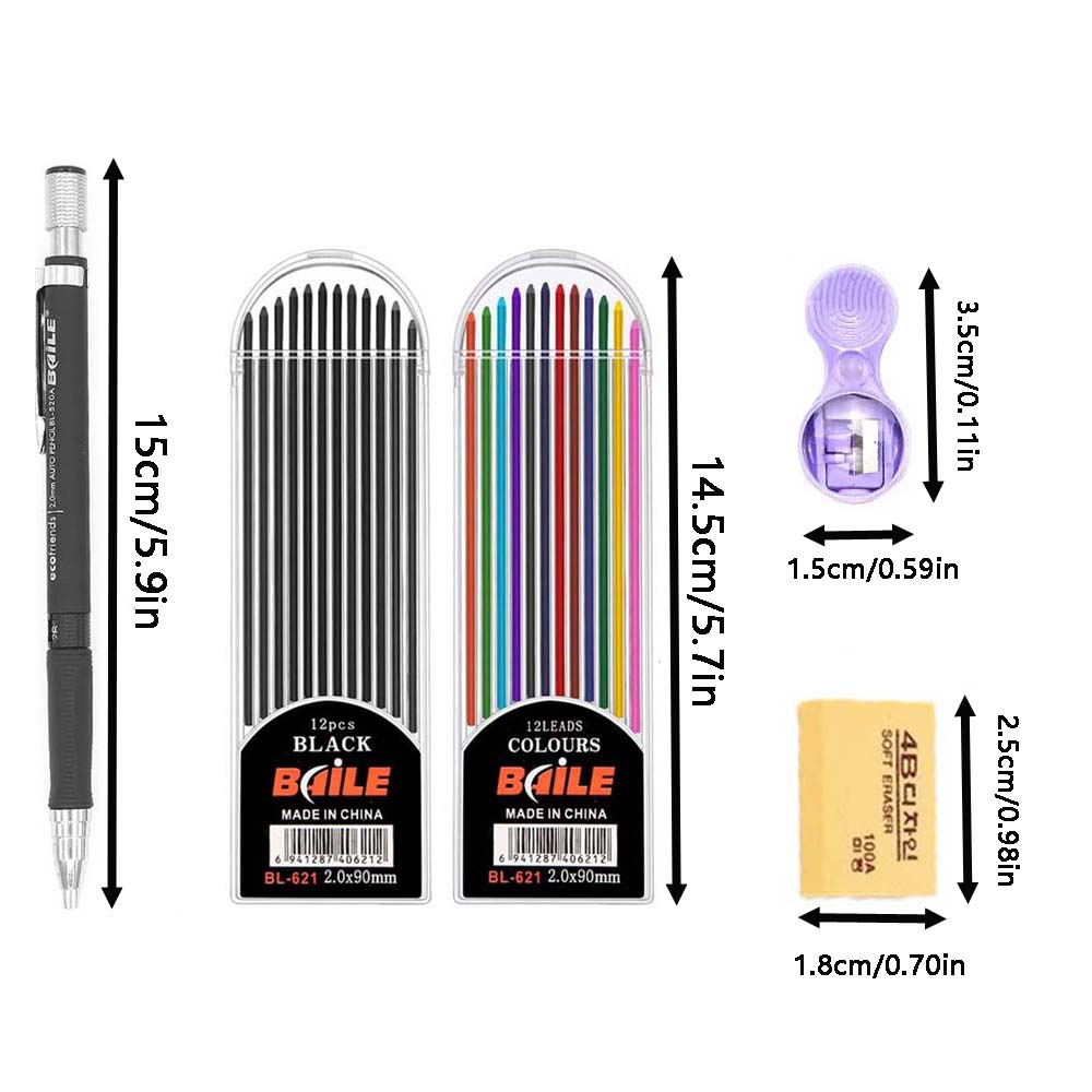 7 Pieces 2.0mm Mechanical Pencil Set with Pencil Sharpener Easy To Use, Suitable for Drawing, Office