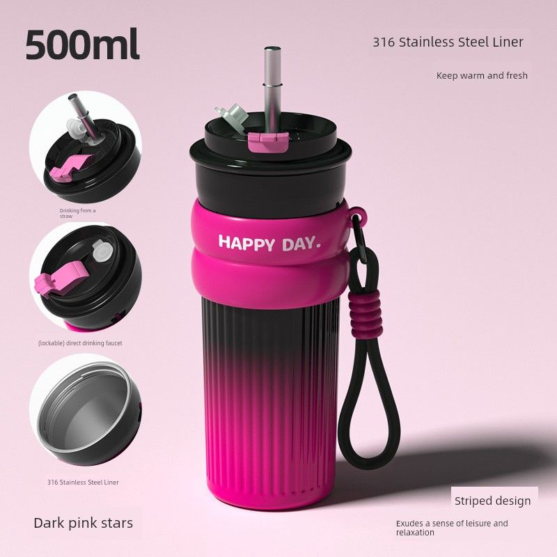 316 Stainless Steel Large-Capacity Thermos Cup, Portable, High-Looking, Stylish Water Cup with Straw, Car-Mounted Dual-Use Coffee Cup Wholesale 500ml Dark pink stars