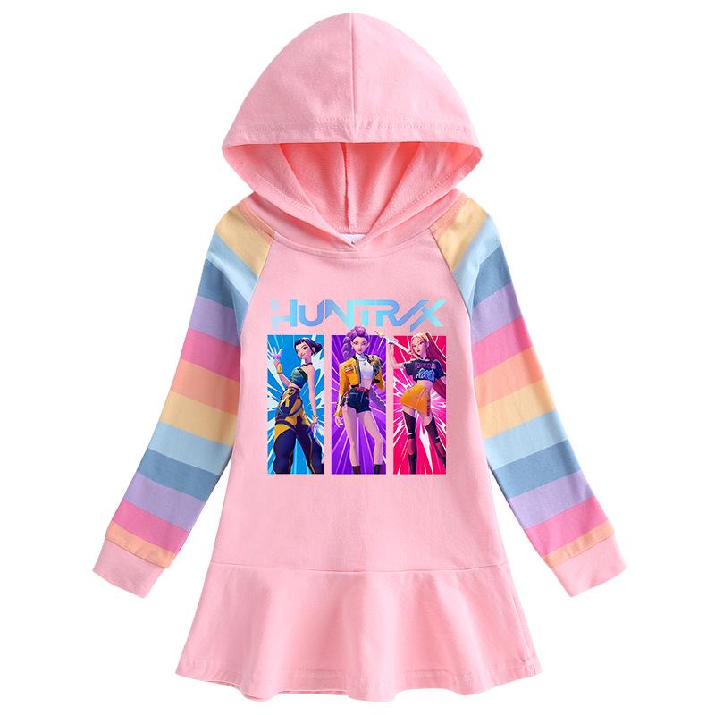 Kpop Demon Hunter Girls' Rainbow Ruffle Hooded Dress – Long Sleeve Princess Style for Spring & Autumn