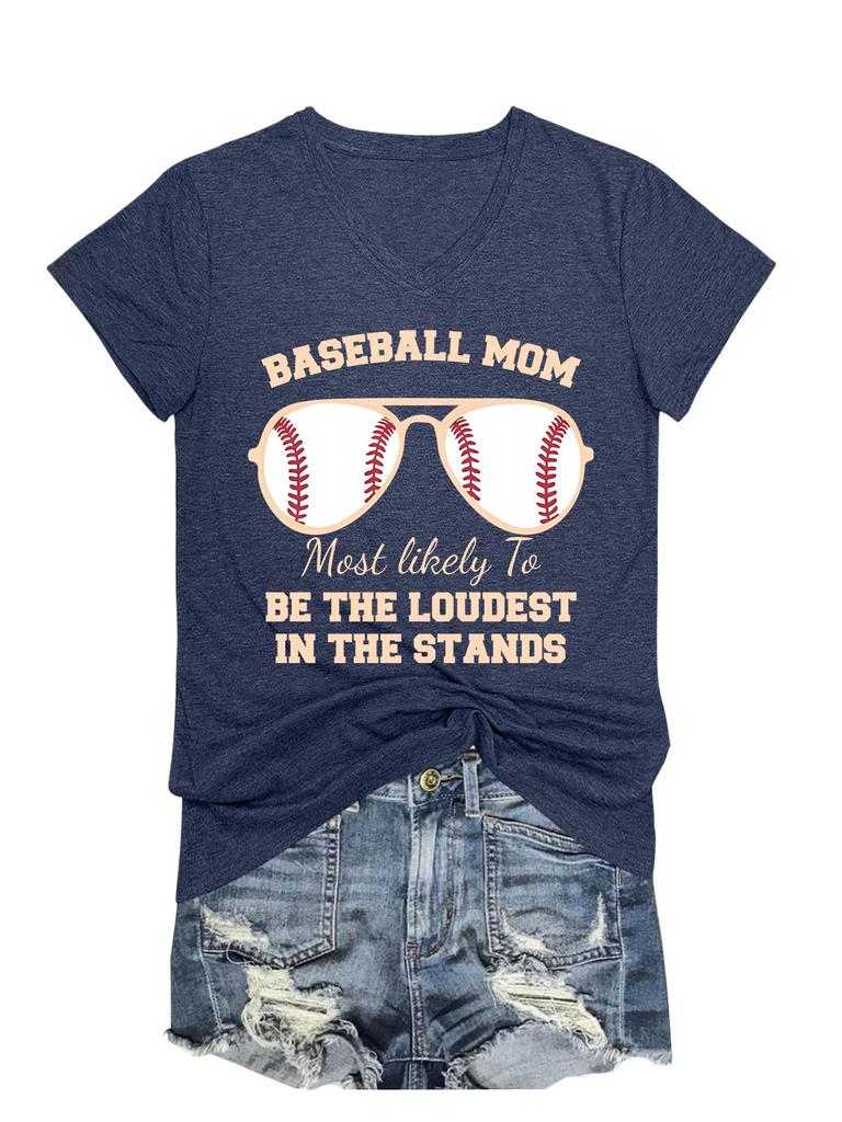Summer New Short Sleeve Tshirt Baseball Mom Print Loose Vneck Casual Fashion Top