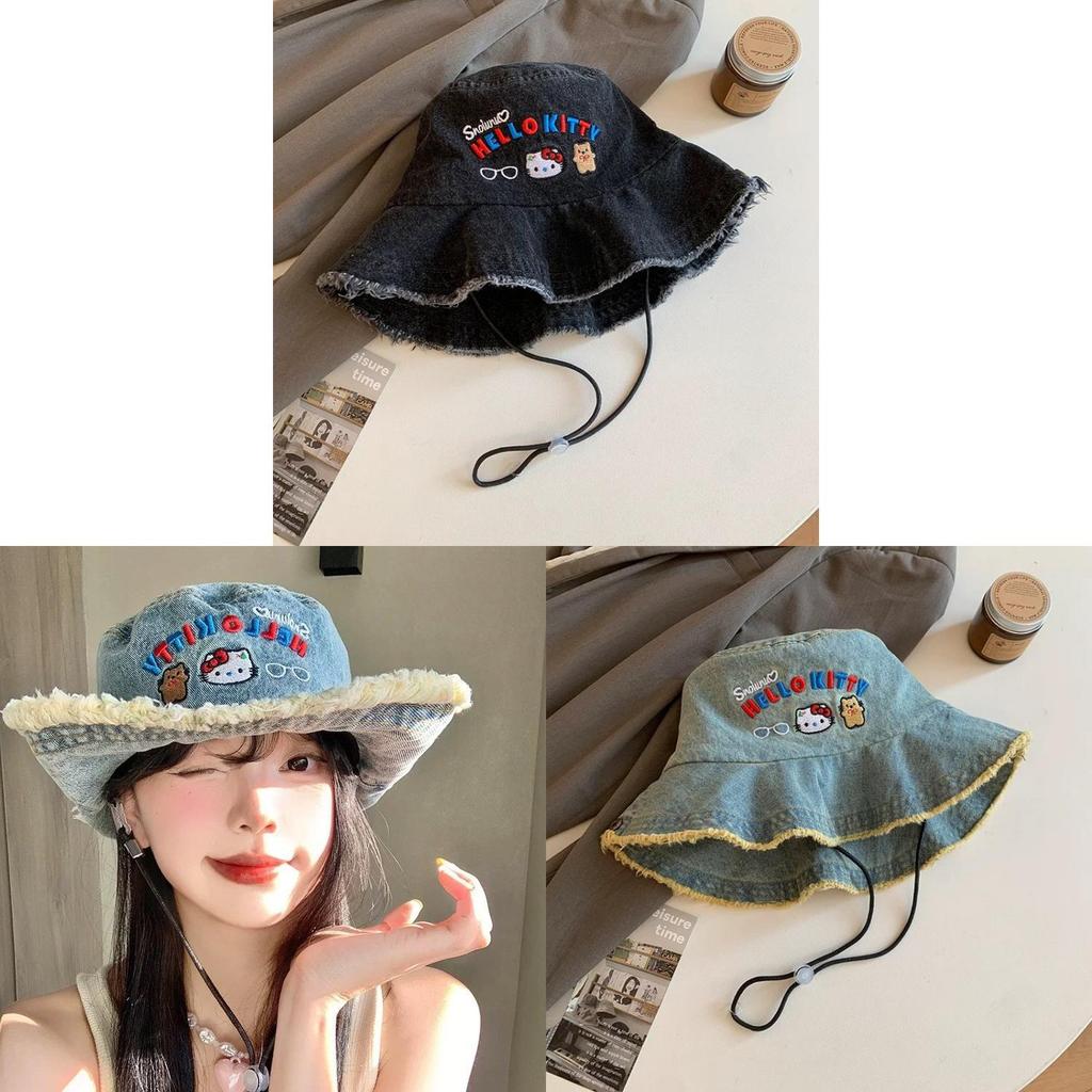 Hello Kitty Denim Fisher Hat With Wide Brim Sun Protection For Summer Outings