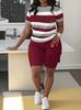 D9711 European and American Hot-selling Women's Clothing, Fashionable Personalized Striped Positioning Printing Crew Neck Short-sleeved Shorts Set