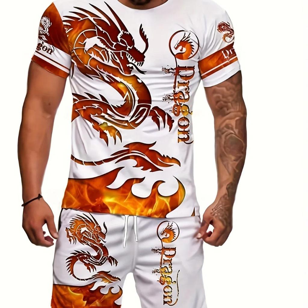 Men's 2-Piece Set, Dragon Print Short Sleeve T-Shirt And Shorts, Casual Street Style For Summer Wear, Athletic Sportswear