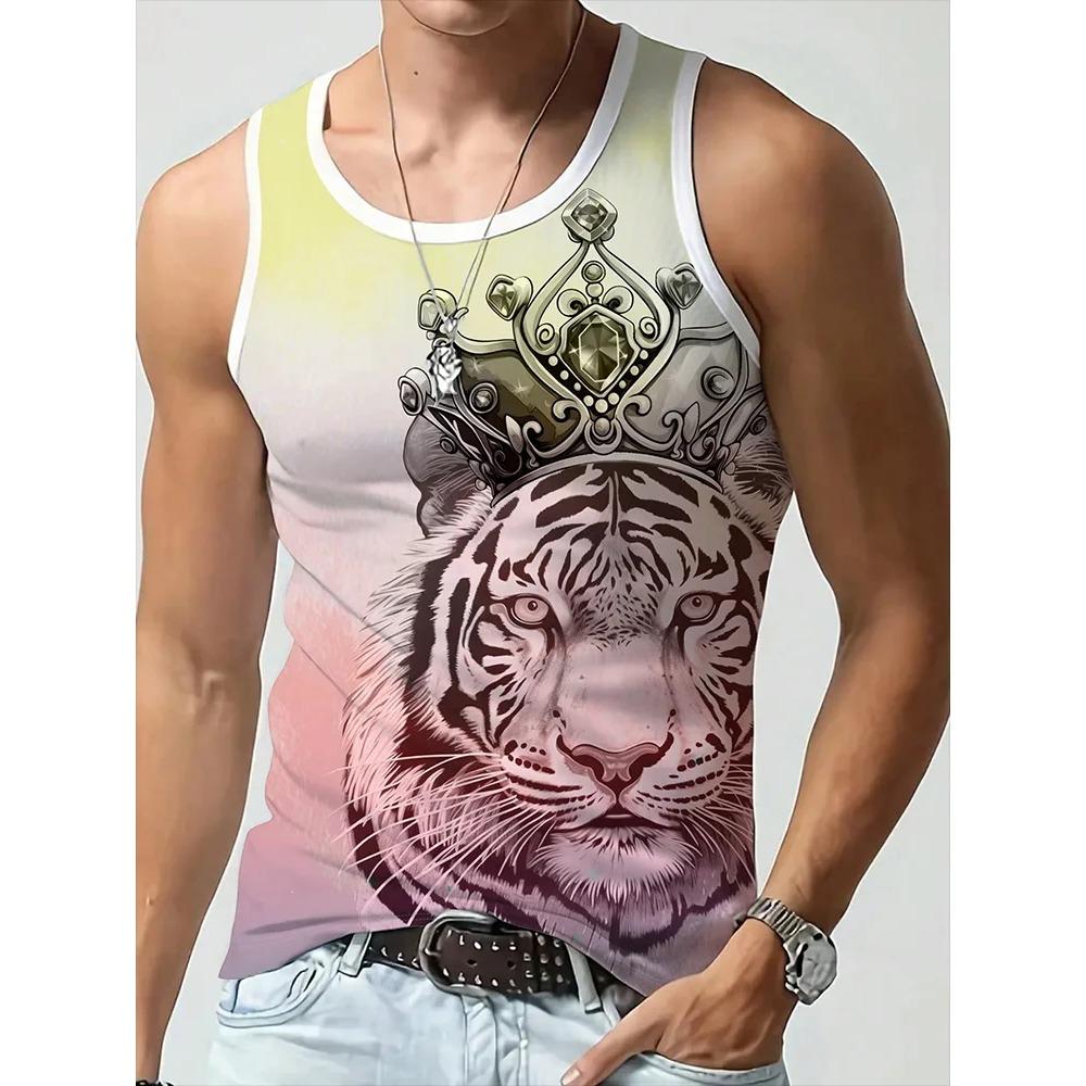 3D Lion Print Men's Summer Street Fashion Casual Outdoor Sports Vest Versatile Comfortable Breathable Sleeveless Vest