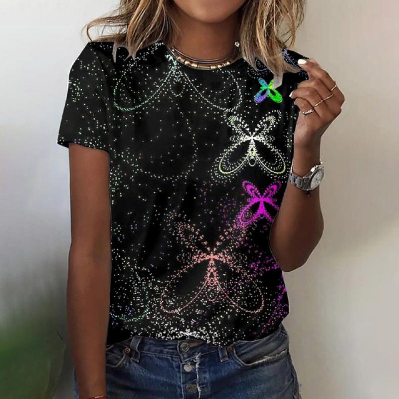 Summer butterfly 3D printed T-shirt for women, fashionable and casual round neck short sleeved shirt