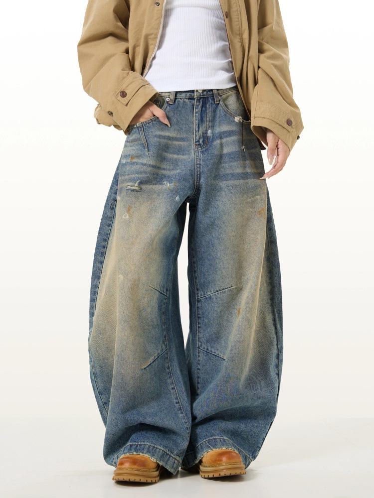 Unisex Retro Washed-Out Loose Fit Wide-Leg Jeans