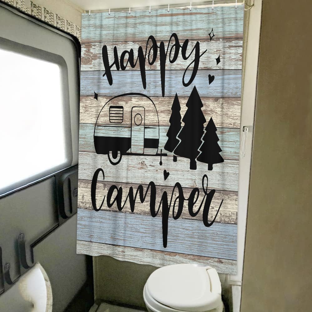 Camper RV Travel Trailers Shower Curtain, Farmhouse Camping Shorter and Narrow Fabric Shower Curtains, Rustic Camp Bathroom Curtain Liner with Hooks