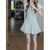 White puff sleeves, polo neck shirt dress, women's summer summer waist, A-line pleated skirt, preppy style skirt