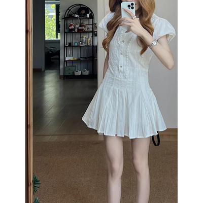 White Puff Sleeves, Polo Neck Shirt Dress, Women's Summer Summer Waist, A-line Pleated Skirt, Preppy Style Skirt