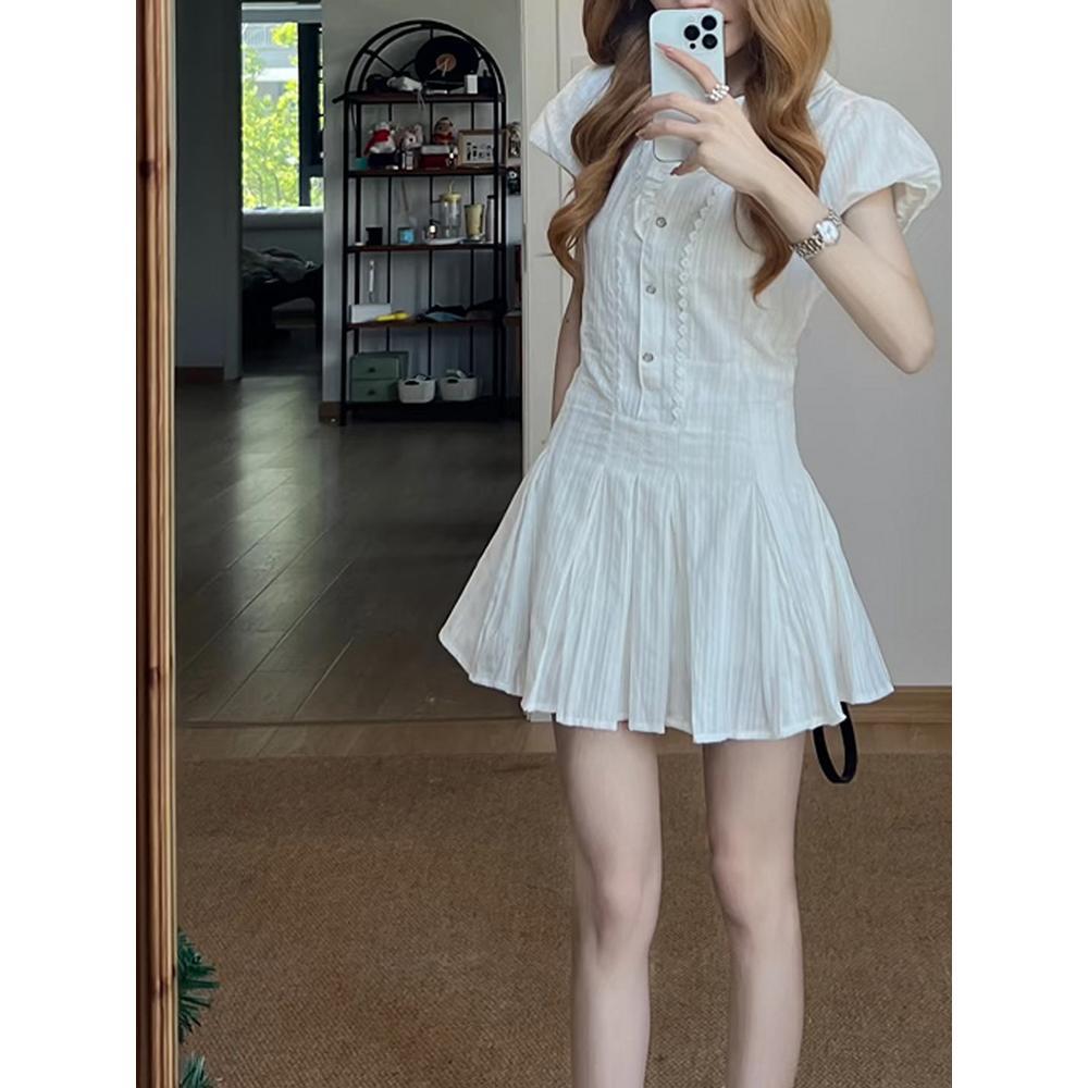 White puff sleeves, polo neck shirt dress, women's summer summer waist, A-line pleated skirt, preppy style skirt