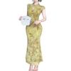 Mesh Splicing Printing Temperament Is Beautiful, Improved Cheongsam Dress, Women's Chinese Style Slim-fitting Long Hip-wrapped Fishtail Skirt
