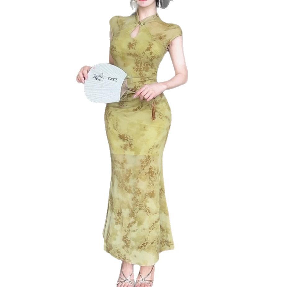 Mesh Splicing Printing Temperament Is Beautiful, Improved Cheongsam Dress, Women's Chinese Style Slim-fitting Long Hip-wrapped Fishtail Skirt