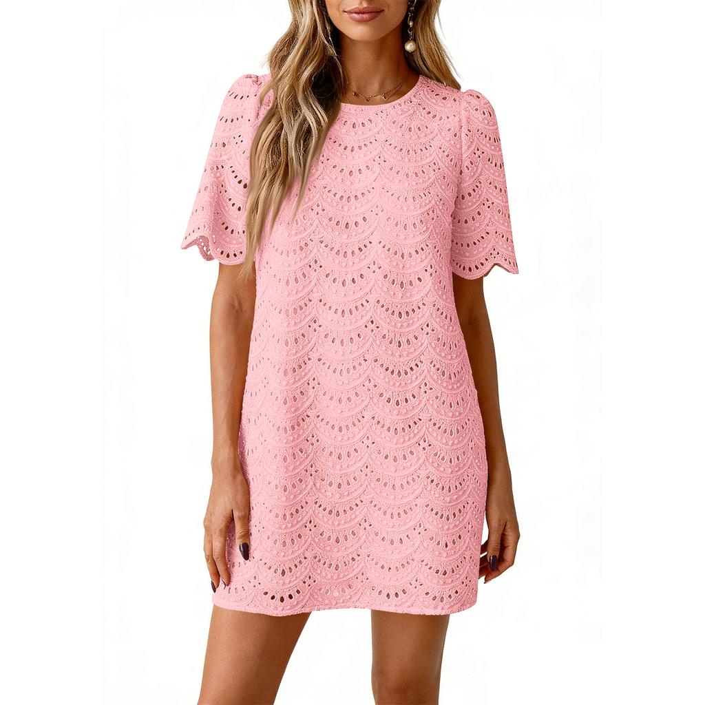 Summer Casual Short Dresses Embroidered Lace Short Sleeve Boho Dress Beach Vacation Clothes