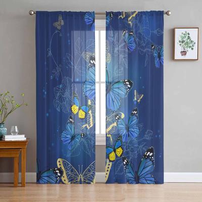 Butterfly Flower Blue Sheer Curtains for Living Room Decoration Window Curtains for Kitchen Tulle Voile Organza Curtains
