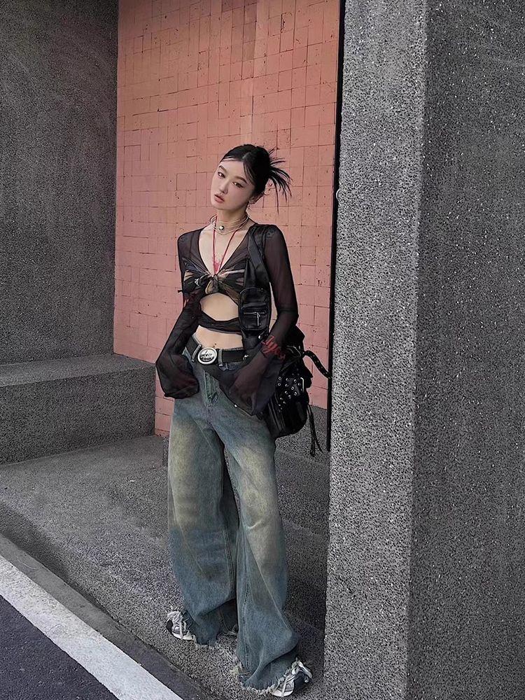 Korean Simple Lace Up Print T-shirts Spring New Slim Fit Mesh Tops Women Y2k E-Girl Long Sleeve Bottoming Tee Shirt