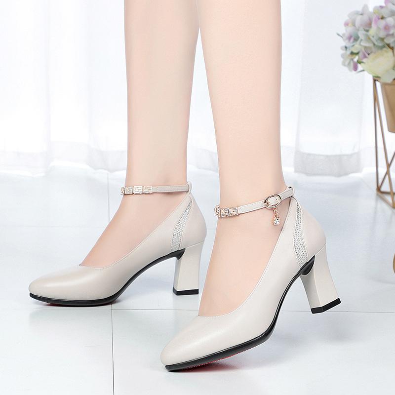 Women One-line Buckle Cute Pointed Toe Solid Spring Summer Office High Heel Shoes Casual Sweet Comfort Soft Leather Pumps