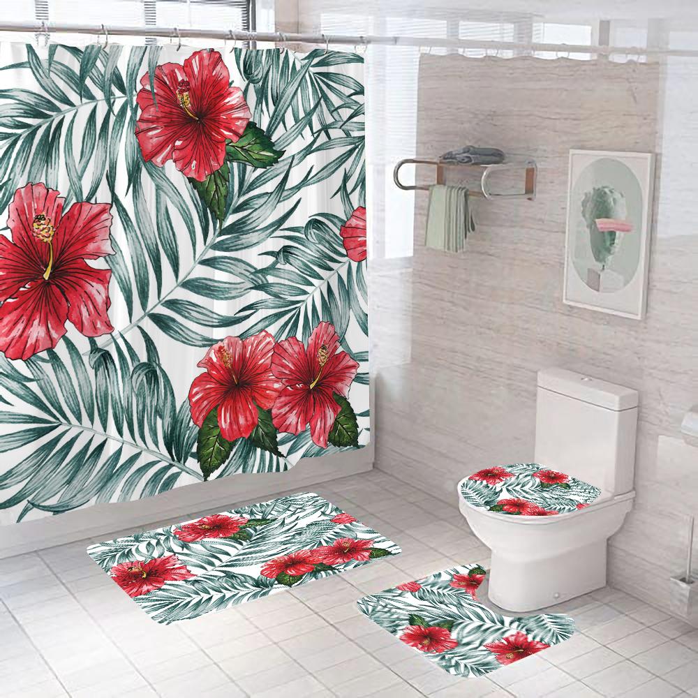 Flower Print Shower Curtain European Style Floral Waterproof Bathroom Curtains Home Decoration Non-Slip Rugs Bath Mat Set