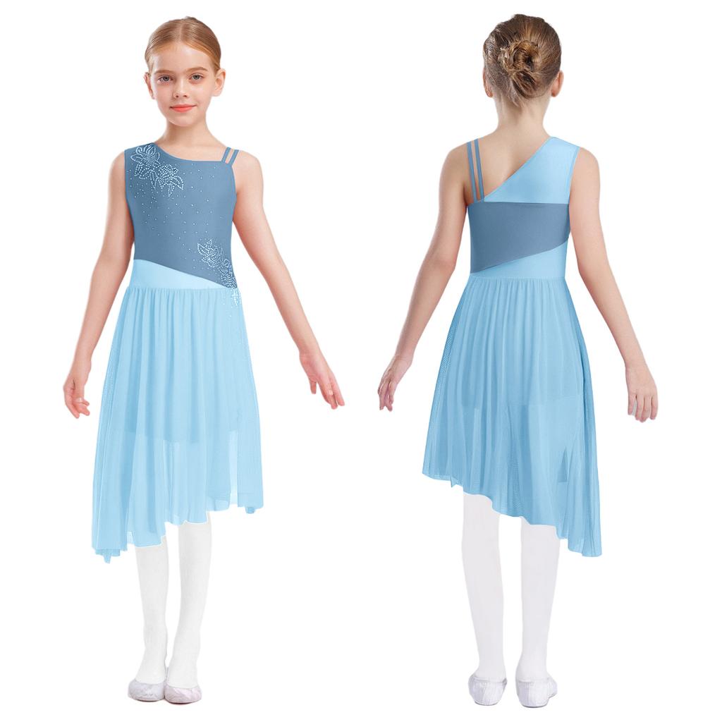 Vše v jednom kostým pro dívky na lyrický tanec: Bezesaté šaty s květinovým motivem a kamínky, s bočním rozparkem, připravené na pódium & vystoupení