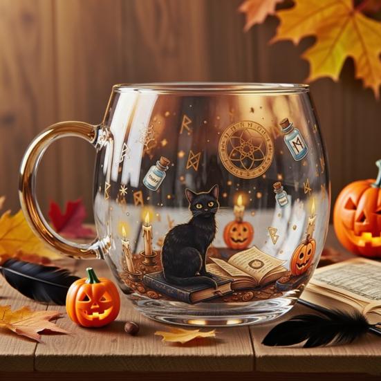 Halloween Painted Glass Mug Spooky Black Cat & Pumpkin Pattern