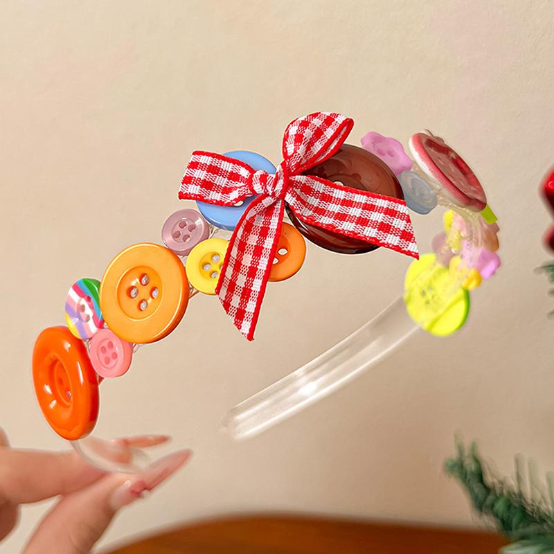 Dopamine Colored Button Headband Headwear Childishness Hairband Face Washing Bow Hair Hoop Sweet  Hair Clip Gifts