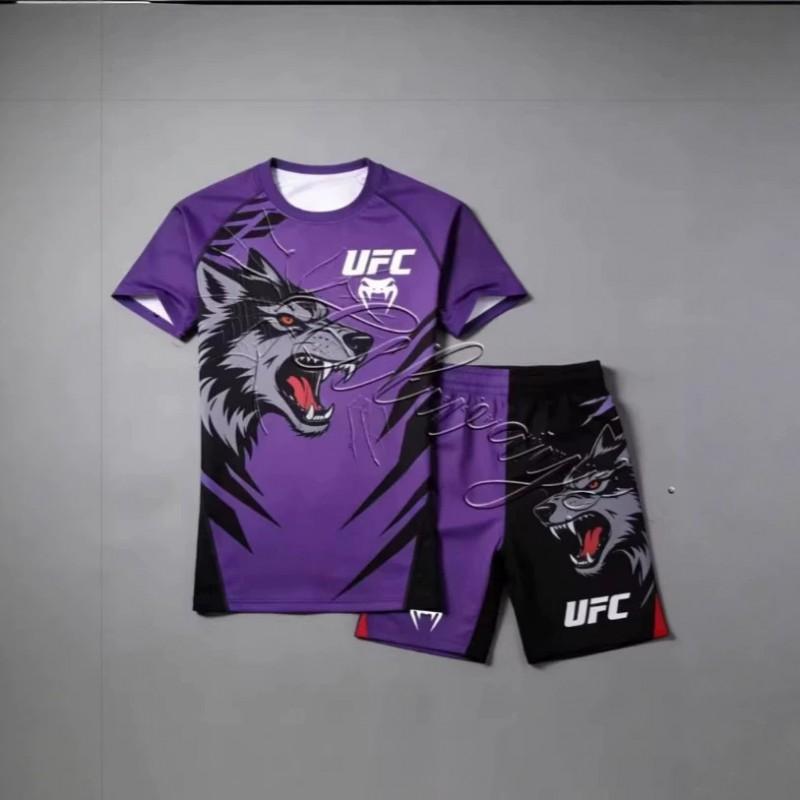 Atmungsaktives MMA Trainingsset für Herren 3D Digitaldruck Kurzarm-T-Shirt Shorts Sportbekleidung