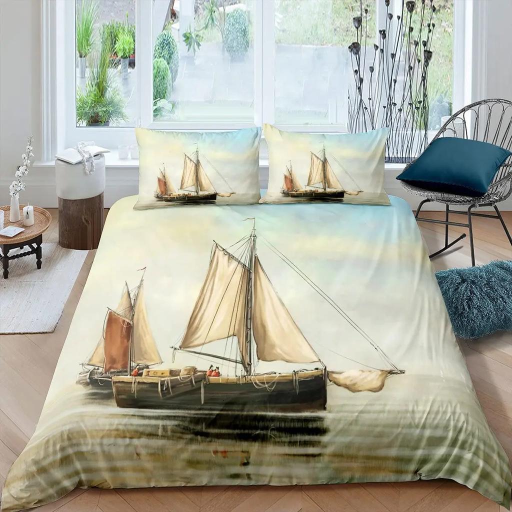 Pirate Sailboat Soft Duvet Cover Nautical Ocean Theme Young Boys Ten Beding Col Style Adult People Beding Set Wave Patern Printed Rom Decor