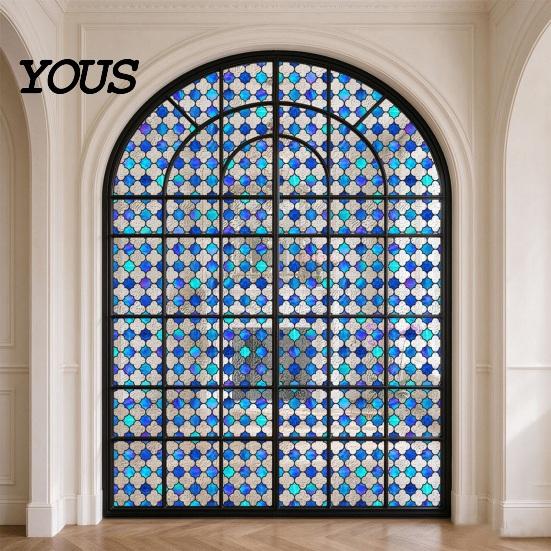 Easy Install Window Sticker Stained Glass Film, Retro Geometric Plaid Static Cling Privacy Decal, Double Non-Adhesive Film for Bedroom Sided