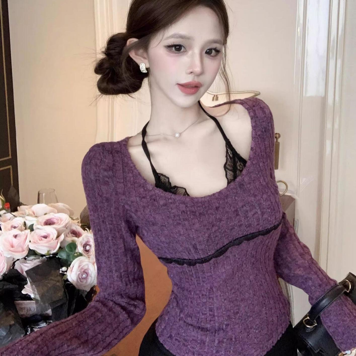 

Чистый и Сексуальный Фиолетовый Топ-Холтер из Двух Частей с Иллюзией Длинного Рукава, Облегающий Женский Короткий Топ Large фиолетовый