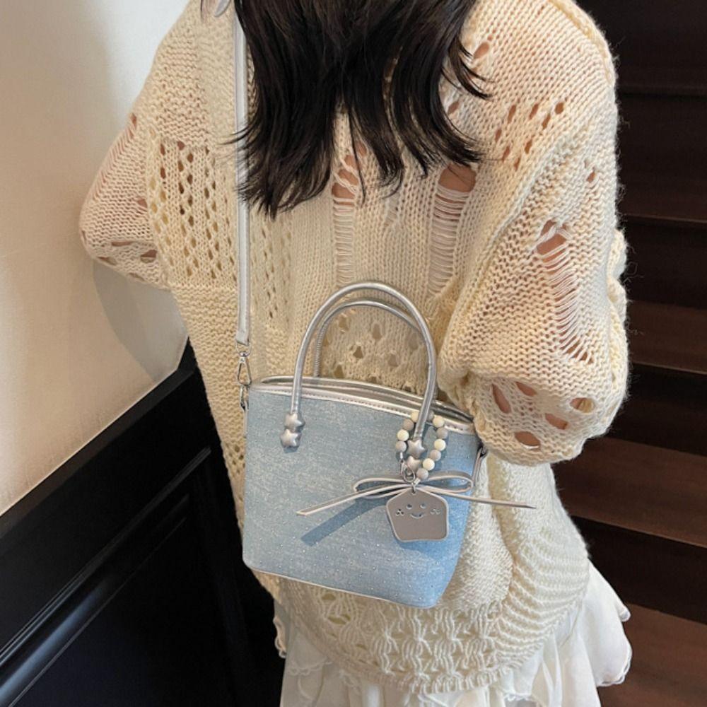 Elegant Korean Crossbody Bag Rhinestone Women 's Handbag Retro Denim Bucket Bag  Travel