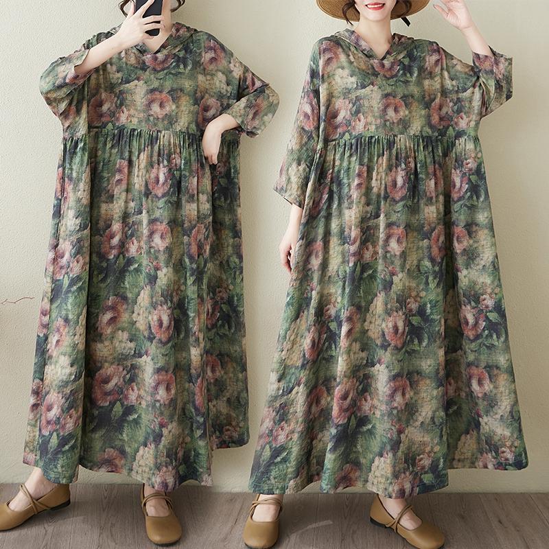 Dimanaf 2025 Summer Women Plus Size Long Dress Hoodies Pleated Basic Casual Loose Vintage Floral Dress Maxi