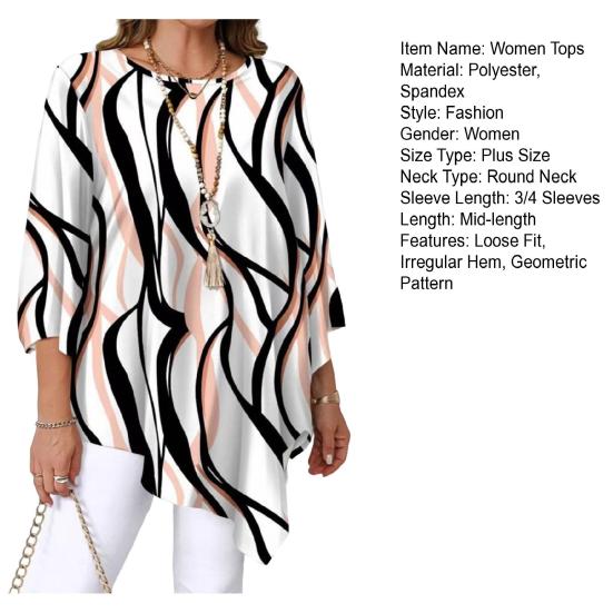 Women Tops Three-Quarter Sleeve Round Neck Abstract Print Tee Tops Loose