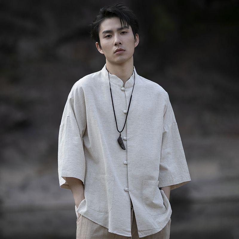 Pánské letní retro plátěné tričko s výstřihem do V – prodyšné, plisované, s krátkým rukávem