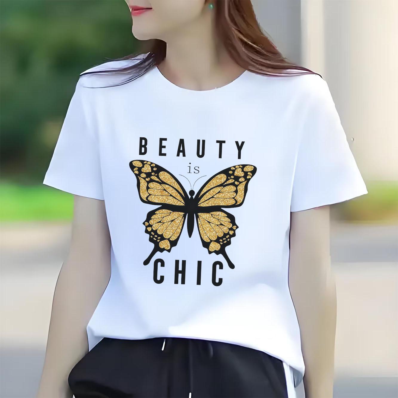 Beautiful butterfly print Womens short sleeved Tshirt summer round neck versatile for daily use suitable for all seasons S