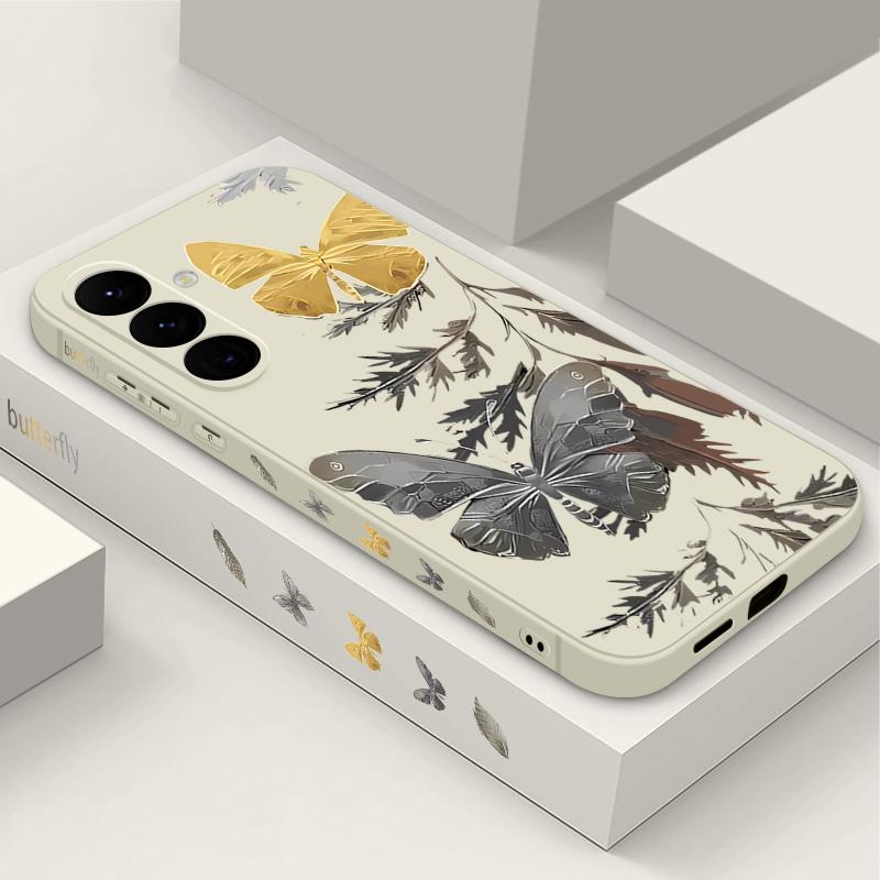 Plating Lens Golden Butterfly Pattern Case For Samsung Galaxy A56 A17 A26 A16 A36 A55 A54 A53 A15 S24 S25 FE S25 S22 S23 Ultra Plus Lanyard Soft Cover