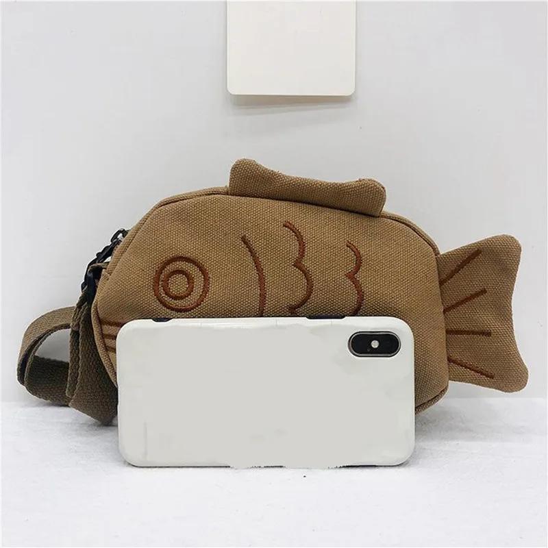 Yogodlns Fish Shape Canvas Messenger Bag Fashion Cute Embroidery Portable Zippered Small Purses Handbags Mini Crossbody Bag