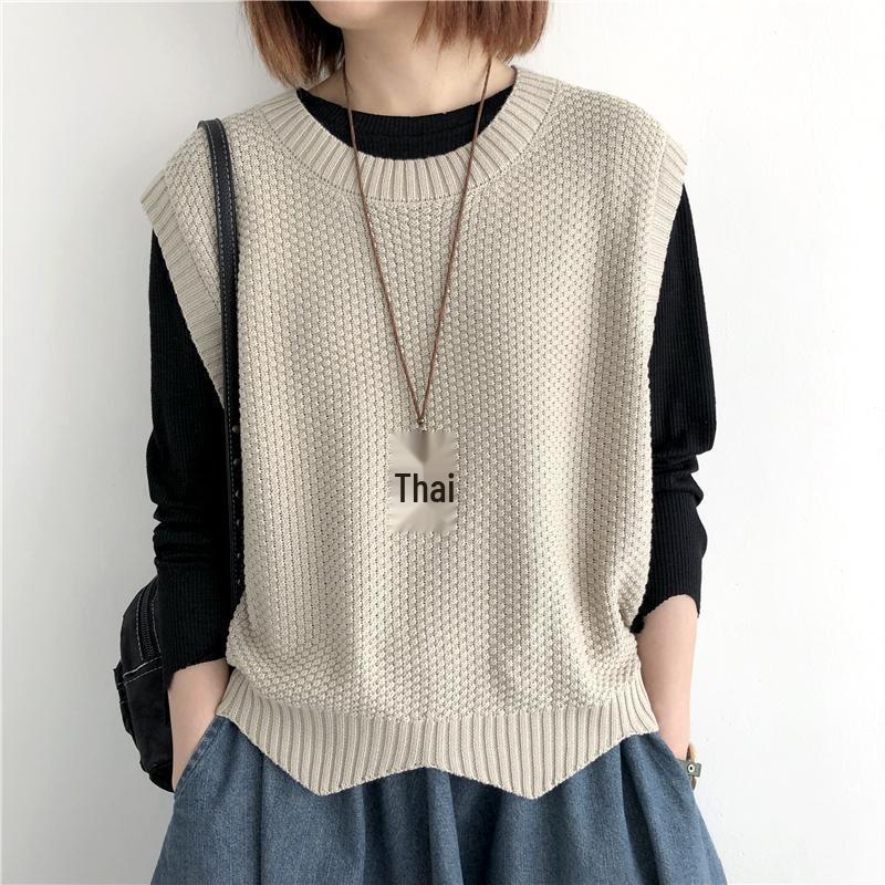 

Женский ретро вязаный жилет без рукавов с подплечниками - Пуловер свободного кроя с неровным низом, однотонный, с круглым вырезом (Коллекция Весна/Осень 2025) One Size