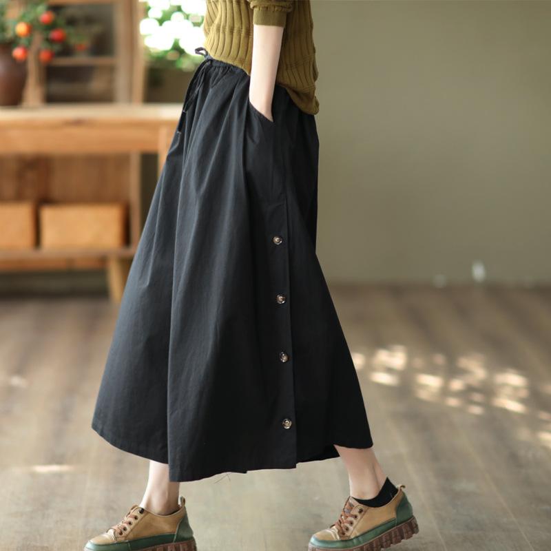 Johnature Women Vintage Loose Spring Wide Leg Pants Elastic Waist Cotton Belt Pockets Trouser Casual Pants