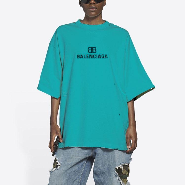 Balenciaga Mosaic Logo BB Alphabet Loose Hole Distress Short Sleeve Unisex Blue 651795TKVF53660