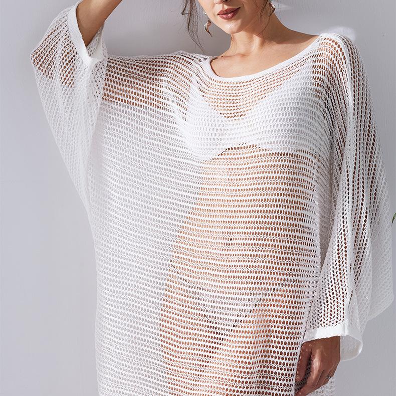 Europäischer und Amerikanischer Stil Frühling-Sommer Damen Strick Strand Cover-Up Lockeres Lochmuster-Design mit Großem Rocksaum Strand Sonnenschutz Kleidung