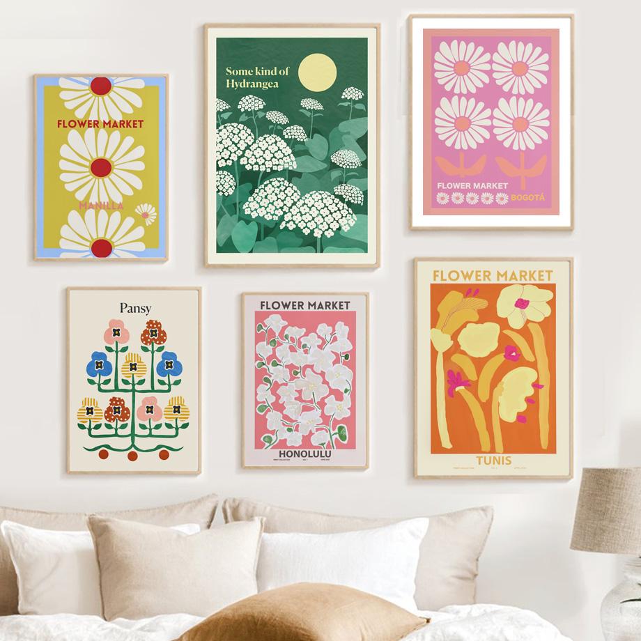 Retro Flower Market Abstract Peony Pansy Anemone Wall Art Canvas Painting Nordic Posters Prints Pictures For Linving Room Decor