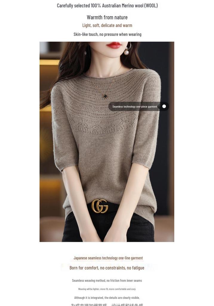 Women's Slim Fit Wool-Cashmere Sweater: Round Neck, Short Sleeve, Ideal for Autumn-Winter Layering